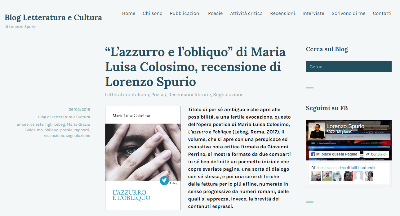 L'azzurro e l'obliquo: la recensione di Lorenzo Spurio per Blogletteratura.com